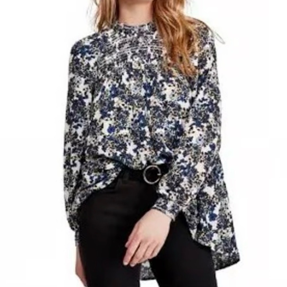 Free People Flowers In Her Hair Floral Long Sleeve Tunic Top Small Smocked Blue